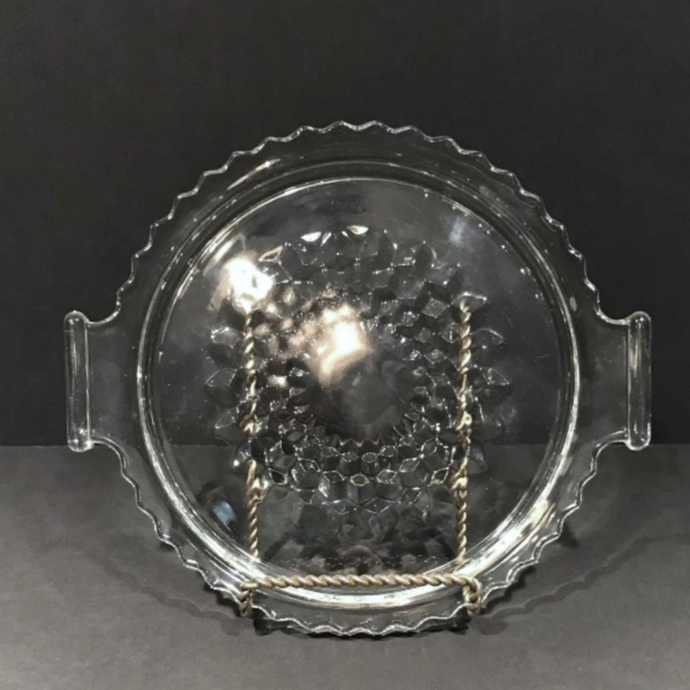 Vintage JEANETTE Cube / Cubist  8" Round Clear Glass Tray w/ Handles